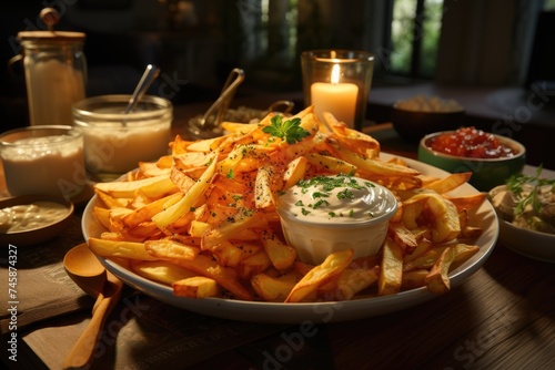 Side view of chips with molten cheese mayonnaise and ketchup on the table, generative IA