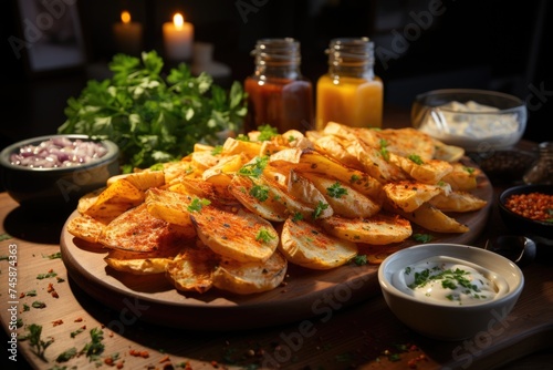 Side view of delicious homemade chips on the wooden board, different spices and ma, generative IA