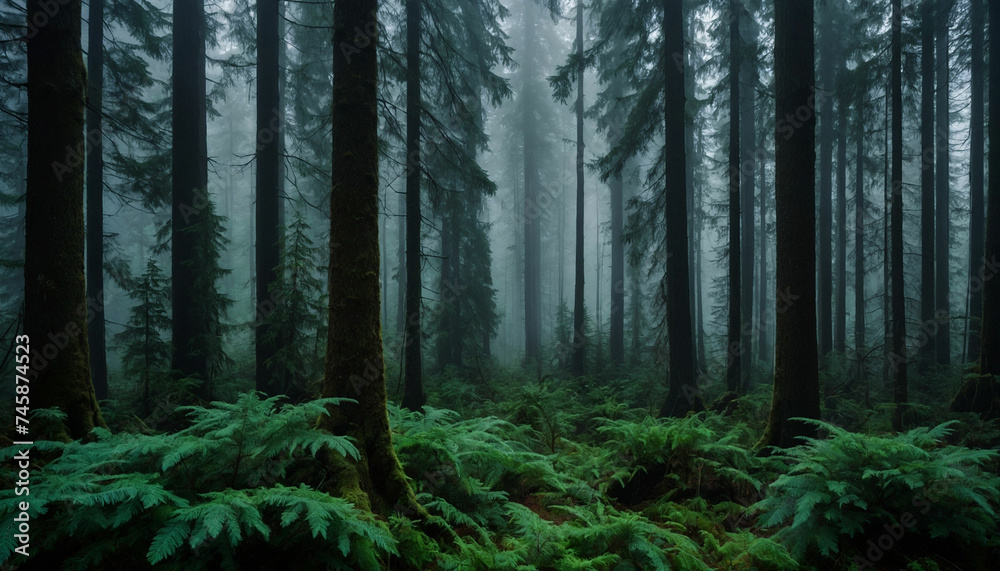 Fototapeta premium A dense forest with towering fir trees, their deep green leaves enshrouded in a mysterious fog and amidst the mist, hints of emerald hues dance, creating an enchanting atmosphere