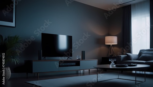 Generative AI. A dimly lit living room with a TV, coffee table, sofa, and lamp. A couple is watching TV. The room is decorated in a modern style with dark walls and furniture.