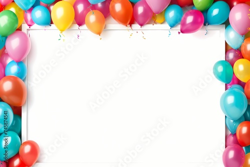 Balloons in high-resolution brilliance assemble around an empty birthday frame, poised to document the upcoming celebration with vivid colors and merriment.