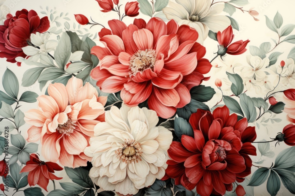 Red and White Flowers Painting on Wall Generative AI
