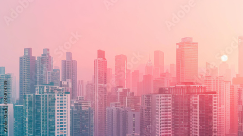 A city skyline is seen at sunset over buildings.