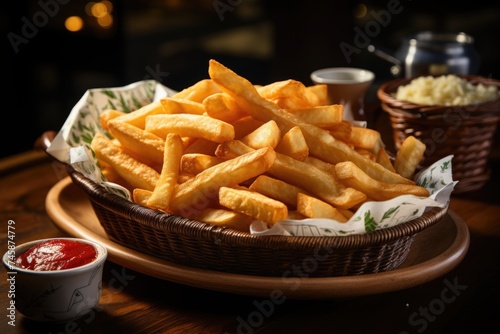 Superior view of chips in a basket with ketchup on the board, generative IA