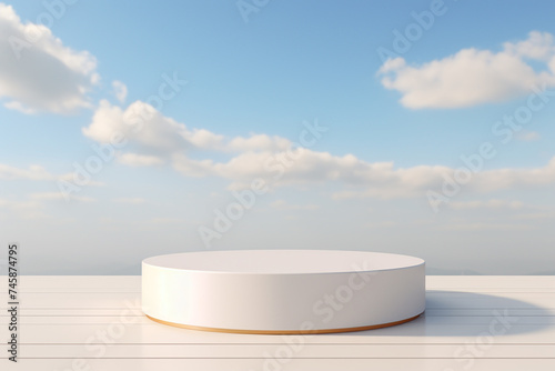3D minimal white color display podium and blue sky in the outdoor background. Product presentation, advertisement, and promotion stage. Generative AI