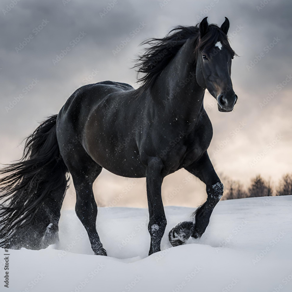 Elegance in motion: A majestic black horse gracefully walking on snow, embodying strength and beauty in a winter wonderland. Elegance in motion: A majestic black horse gracefully walking on snow, embodying strength and beauty in a winter wonderland.