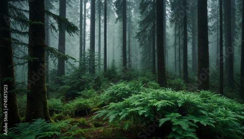 A dense forest with towering fir trees, their deep green leaves enshrouded in a mysterious fog and amidst the mist, hints of emerald hues dance, creating an enchanting atmosphere
