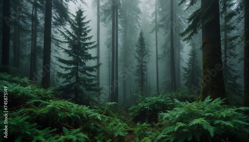 A dense forest with towering fir trees  their deep green leaves enshrouded in a mysterious fog and amidst the mist  hints of emerald hues dance  creating an enchanting atmosphere