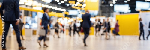 "Velocity of Commerce: Blurred Figures of Professionals Navigating a Modern Hall at a Trade Fair or Conference, Immersed in Motion Speed Blur, Presented in a Wide Panoramic Banner of High-Quality Phot