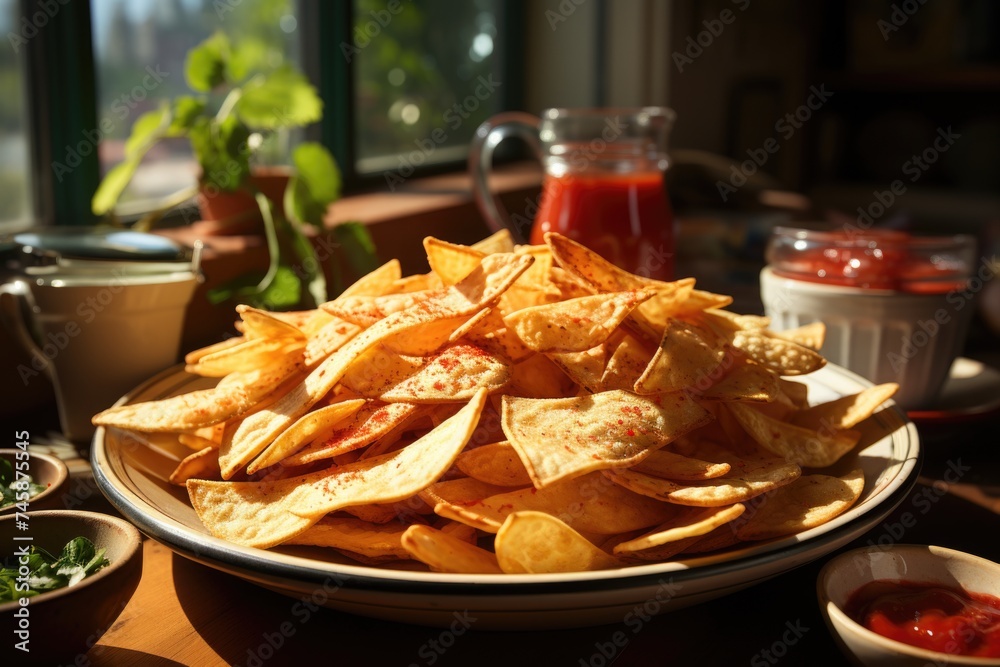 Superior view of chips on the plate with ketchup sauce, generative IA
