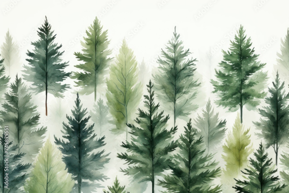 Green Trees Watercolor Painting on White Background Generative AI