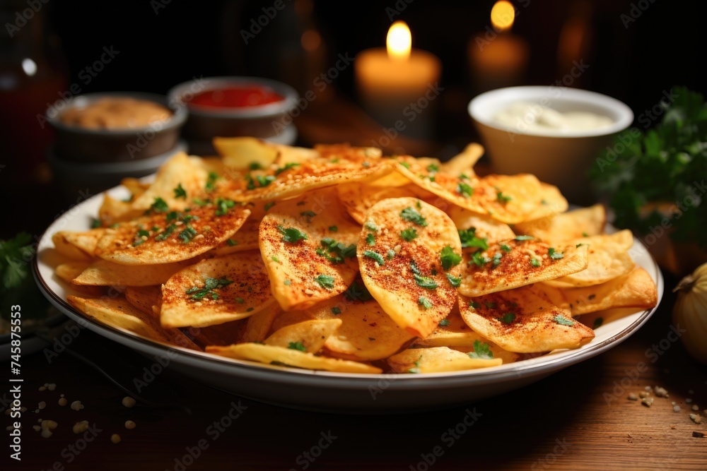 Superior view of chips on the plate with special sauce, generative IA