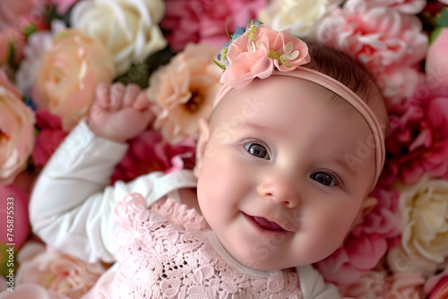 Adorable Baby Girl with Floral Headband Lying on a Bed of Colorful Flowers