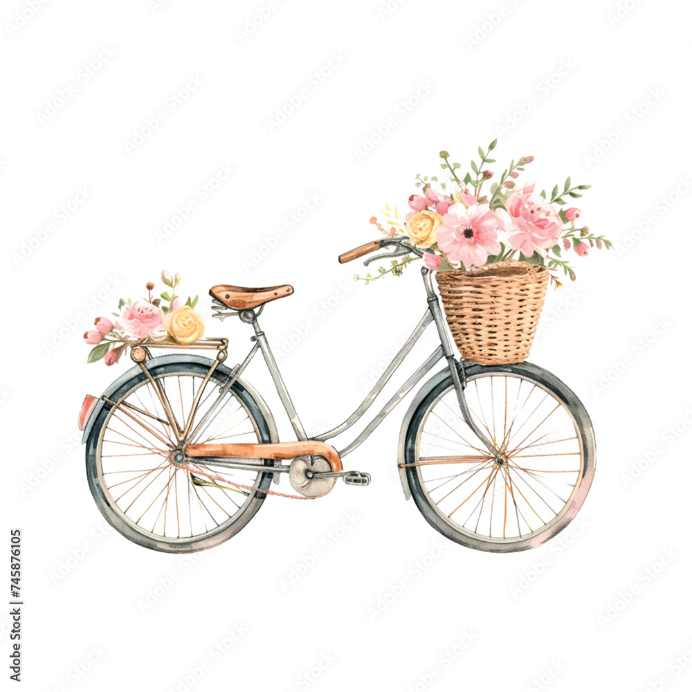 beautiful elegant minimal design of bicycle for women with pastel flowers in the front basket, watercolour