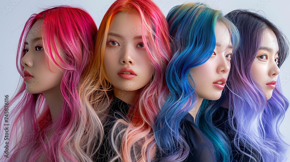 Illustrate the artistry of hair coloring techniques, from balayage to rainbow shades, in a fashion forward setting Illustrate the artistry of hair coloring techniques, from balayage to rainbow shades, in a fashion forward setting