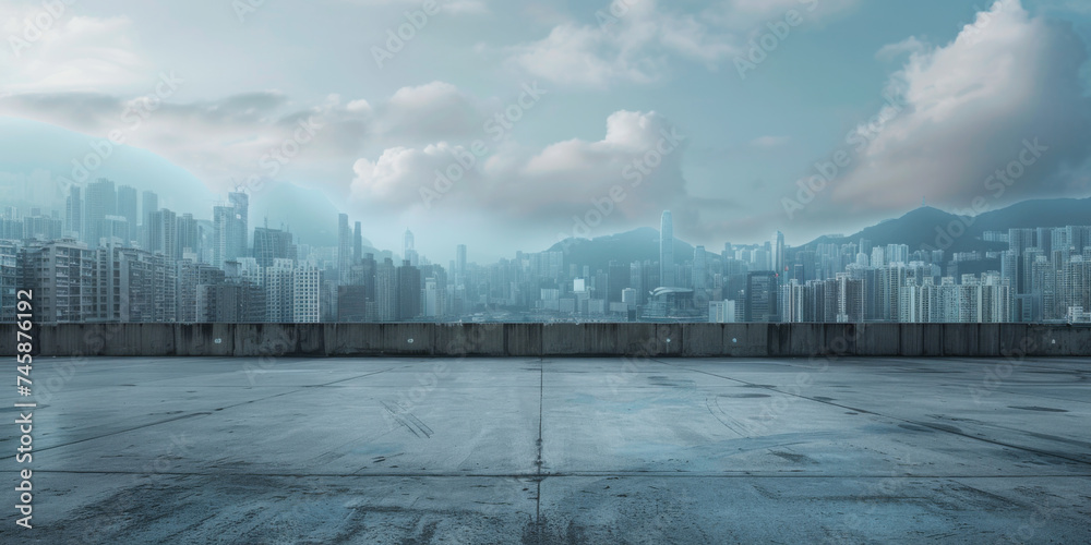 Empty concrete floor with city skyline.