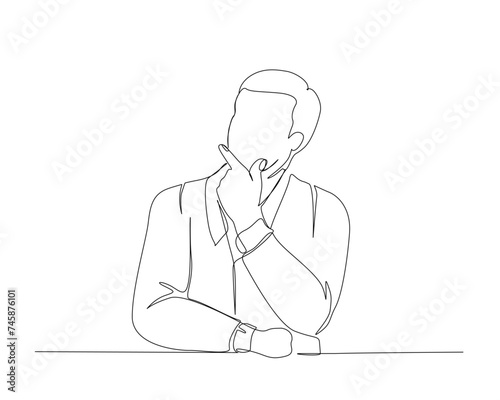 Continuous one line drawing of a man thinking with put her finger in the chin. Bunisness man thinking single outline vector illustration. Editable stroke. © madebyDSN