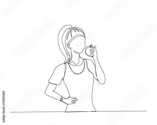 Continuous one line drawing of young woman holding apple. Lady eating apple for health single outline vector illustration. Editable stroke.