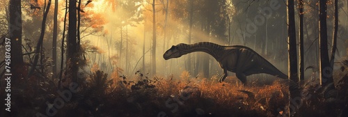 An ancient extinct animal dinosaur in an ancient forest, banner