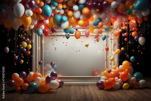 HD perfection captures balloons of all sizes framing an empty birthday frame, creating a visual prelude to the upcoming photographic celebration. photo