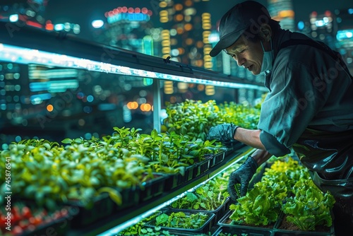 In the heart of the metropolis, a dedicated male urban farmer cultivates lush hydroponic greens, merging technology with nature amidst the city's nocturnal glow