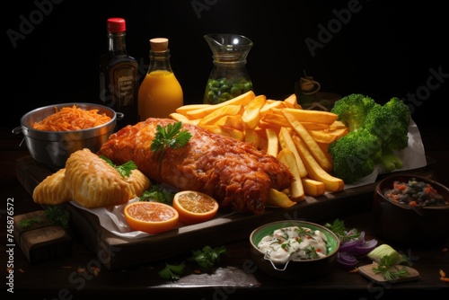 Superior view of Fish and Chips with space and variety of sauces, generative IA