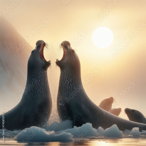 Two male seals fighting on ice sheet, at sunset
