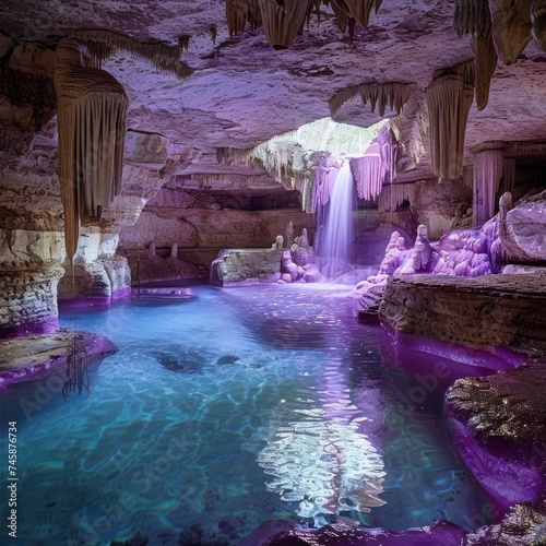Underground cave pool with purple stalactites hidden and serene