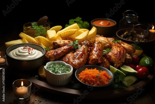 Top view in close-up fastfood plate with chips, chicken and lemon wings and three , generative IA