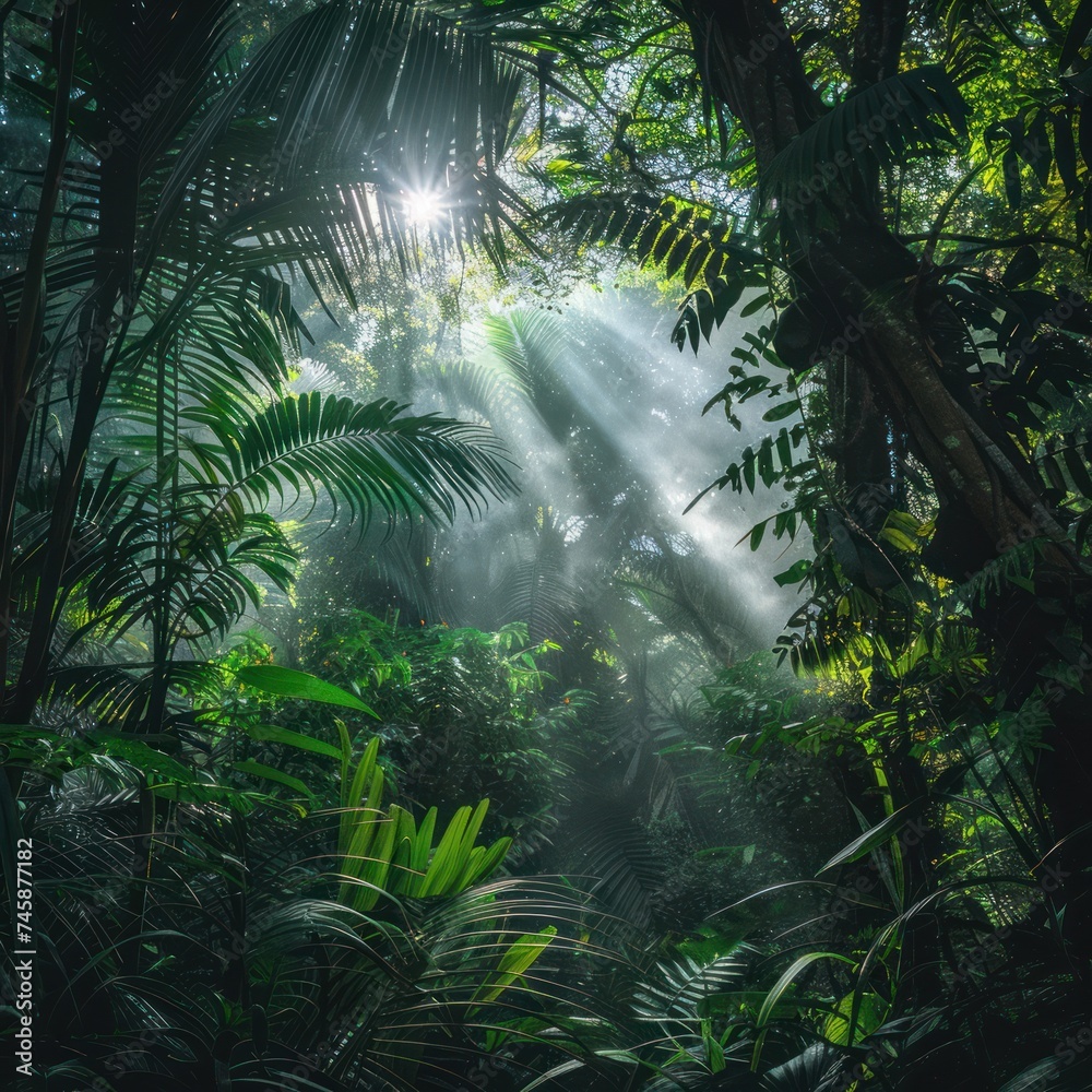 Naklejka premium Sunlight filtering through a dense green canopy in a virgin forest mystical and untouched