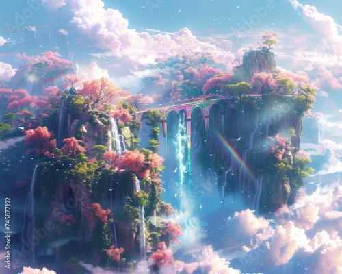 Floating islands in the sky connected by rainbow bridges inhabited by winged unicorns