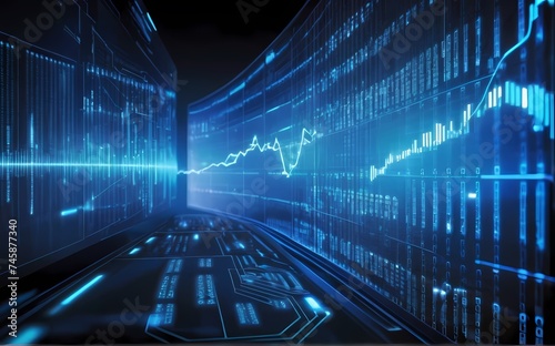 Generative AI. glowing futuristic circuit board with binary code and graphs. a dark background with a glowing circuit board. The circuit board has many lines and connections