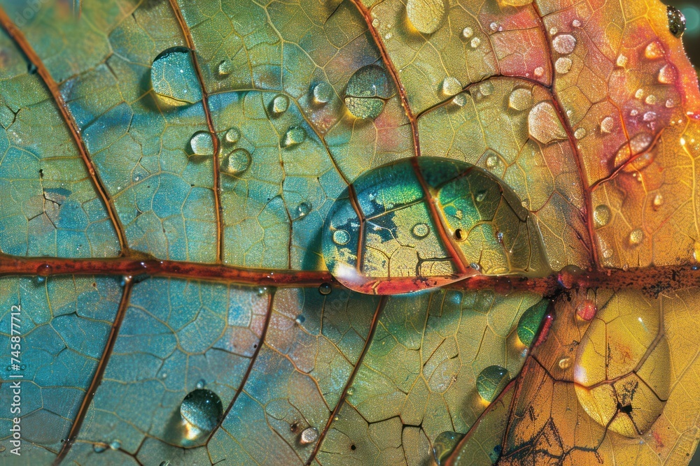 Fototapeta premium Microscopic view of a single raindrop on a leaf capturing refracted light and detailed leaf surface textures