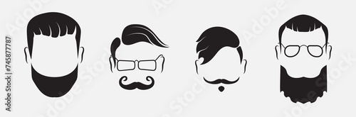 Set of bearded men silhouette faces hipster style with different haircuts. Long beard with facial hair man. Handsome man symbolizes the icons. Vector illustration photo