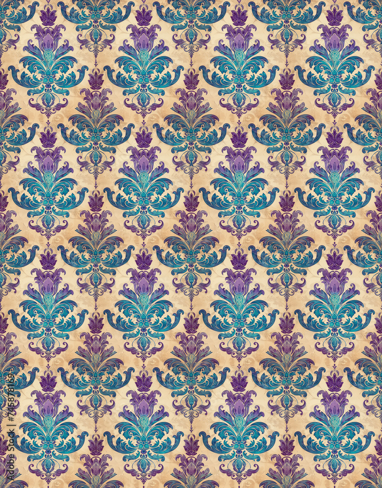 Elegant floral wallpaper pattern with shades of blue and purple on a weathered background.