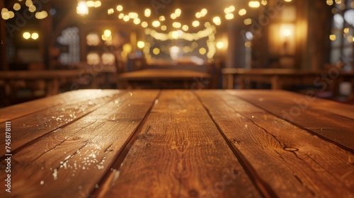 Close-up of wooden table surface with festive lights creating a cozy atmosphere in a rustic setting.