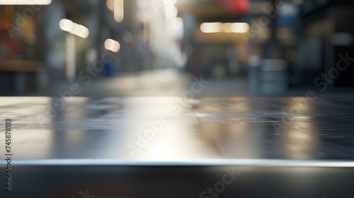 Early morning urban street scene with a reflective surface and blurred city lights creating a serene atmosphere.