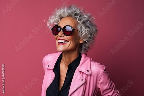 Portrait of a happy beautiful middle aged woman in pink jacket and sunglasses © Loli