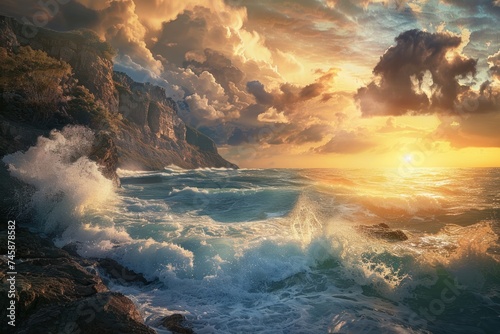 Coastal cliffs with crashing waves below and a dramatic sunset nature landscape © Nisit