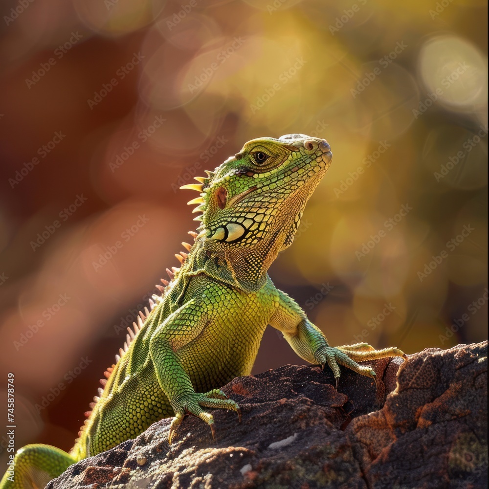 Close up of a green lizard basking on a rock sunlit and vibrant Close up of a green lizard basking on a rock sunlit and vibrant