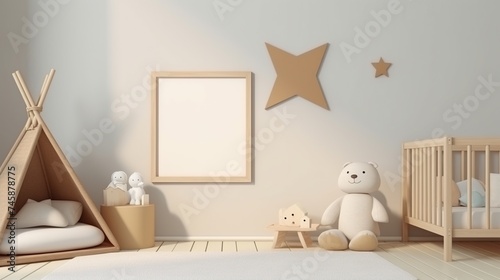 Cozy children room interior with wooden toys, furniture and black picture frame mockup. Farmhouse style interior design concept. © Alpa