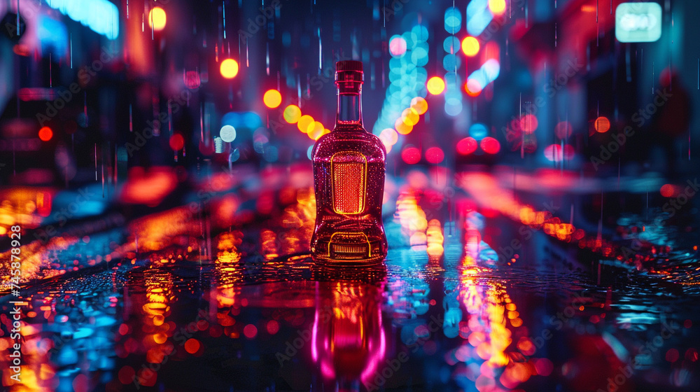 A vibrant neon sign of a vodka bottle glowing against a dark city backdrop, reflecting its luminance off rain-slicked streets below. - obrazy, fototapety, plakaty 