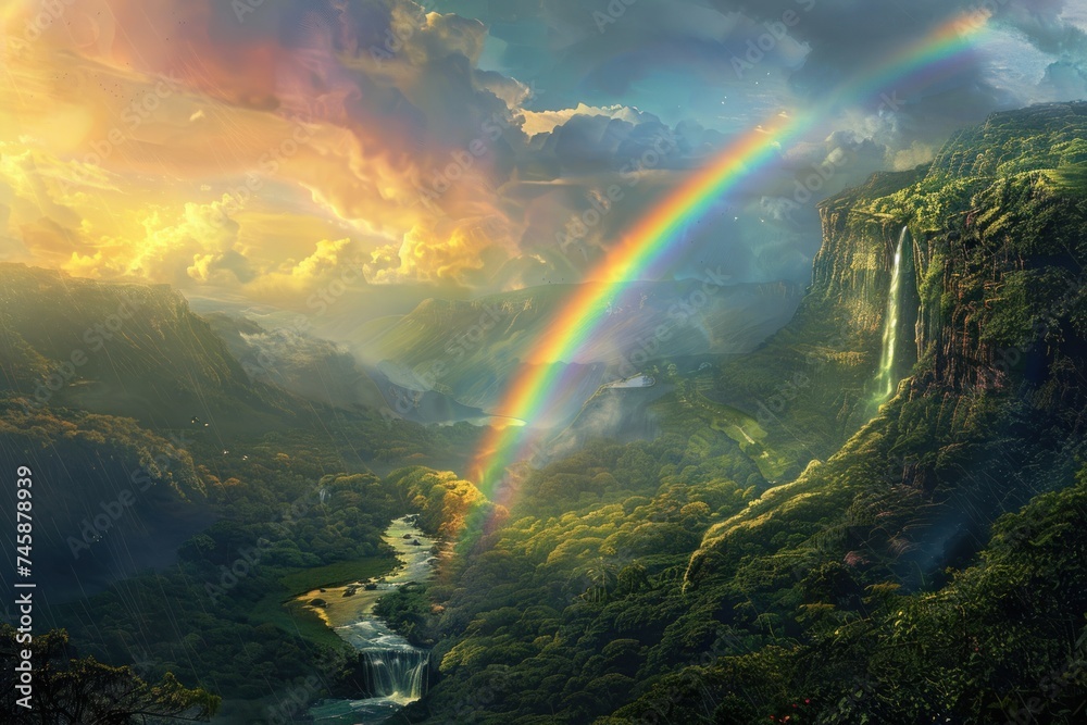 A vibrant rainbow arching over a cascading river in a lush green valley nature landscape A vibrant rainbow arching over a cascading river in a lush green valley nature landscape