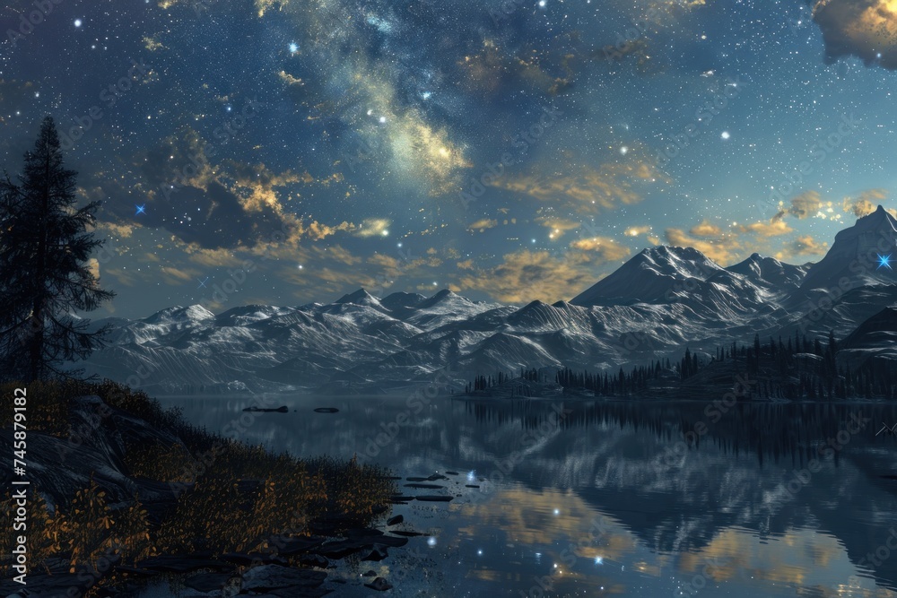A night sky filled with stars above a serene mountain lake peaceful and awe inspiring nature landscape.