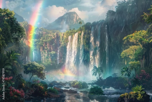 A rainbow over a waterfall in a lush rainforest vibrant and lively nature landscape © Nisit