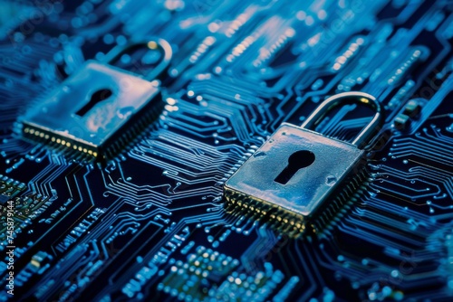 Security concept on circuit board locksmith - A macro image of a padlock on a dense blue circuit board highlighting themes of cyber security and data protection