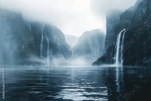 A misty fjord with towering cliffs and waterfalls serene and majestic nature landscape