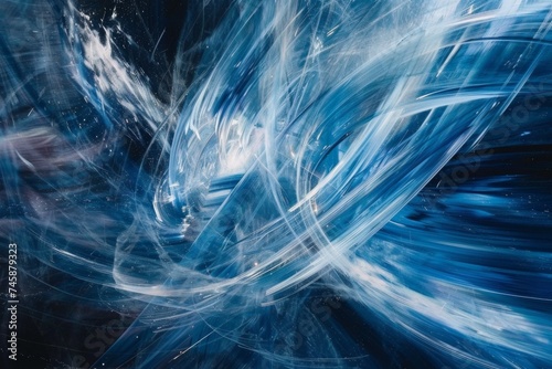 Swirling blue abstract light patterns on dark backdrop - Intense blue swirls of light create a dynamic abstract pattern representing energy and motion on a dark background