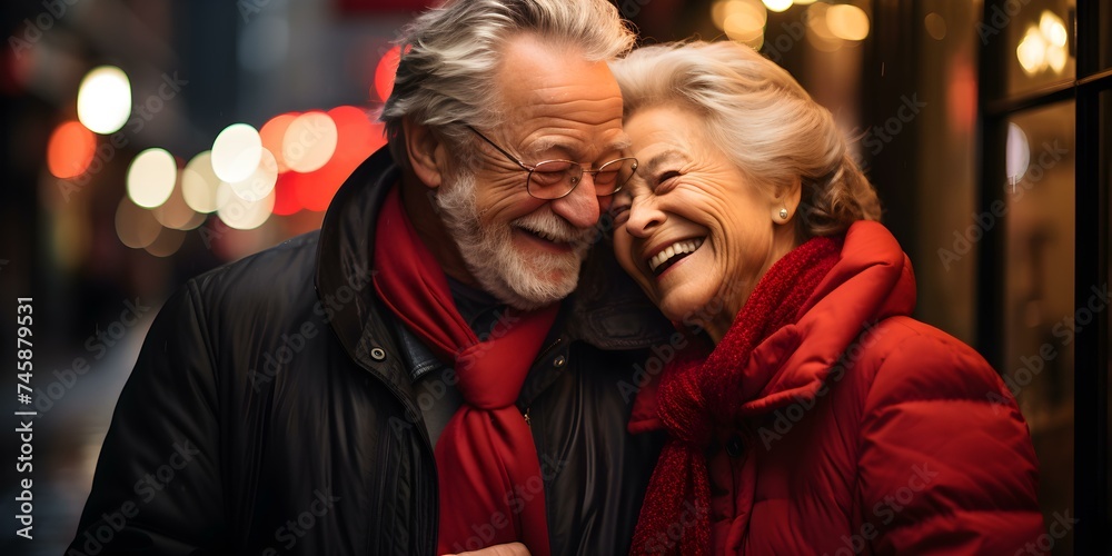Capturing the Joyful Connection: Elderly Couple Laughing Together in a Neon-lit City Street. Concept Elderly Couple, Neon-lit City Street, Joyful Connection, Laughter, Outdoor Photoshoot