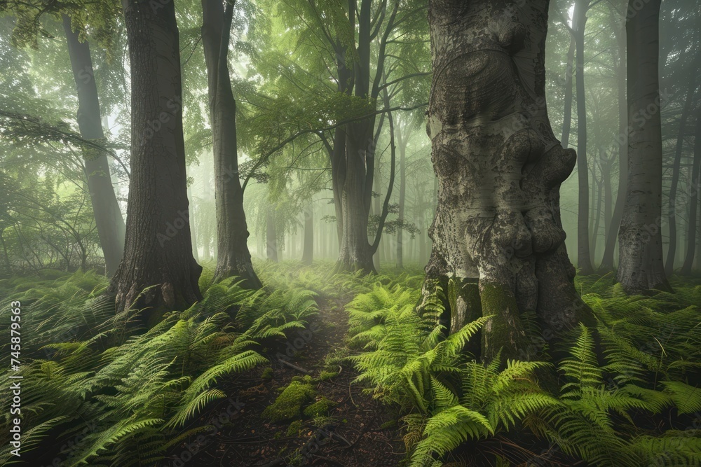 An ancient forest with giant trees and a carpet of ferns mysterious and ancient nature landscape An ancient forest with giant trees and a carpet of ferns mysterious and ancient nature landscape